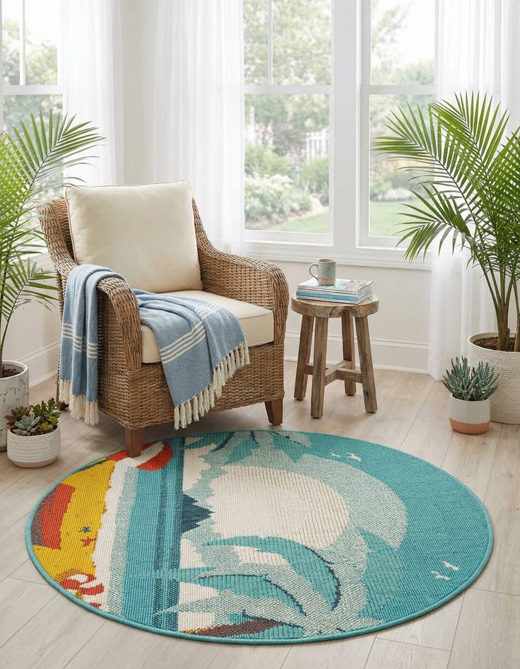 Detail image of 3' x 3'  Washable Coastal Indoor / Outdoor Round Rug