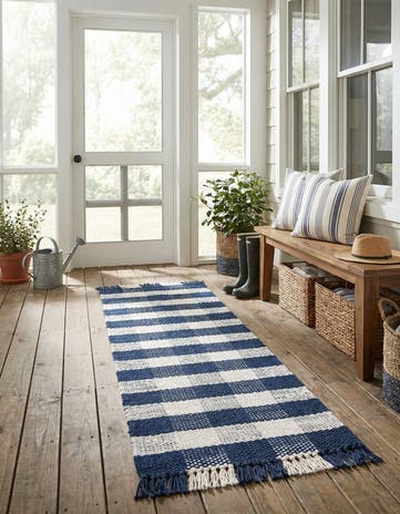 Navy Blue Easy-Clean Eco Plaid Washable Indoor / Outdoor Runner Rug