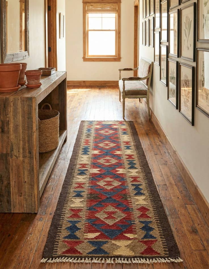 Detail image of 2' x 6' 7  Hand Woven Kilim Maymana Wool Runner Rug