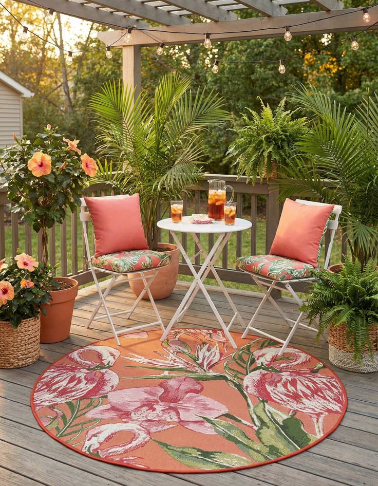 Detail image of 3' x 3'  Washable Botanical Indoor / Outdoor Round Rug