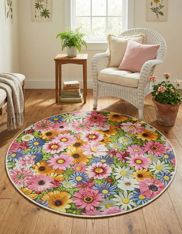 Detail image of  3' x 3'  Washable Botanical Indoor / Outdoor Round Rug