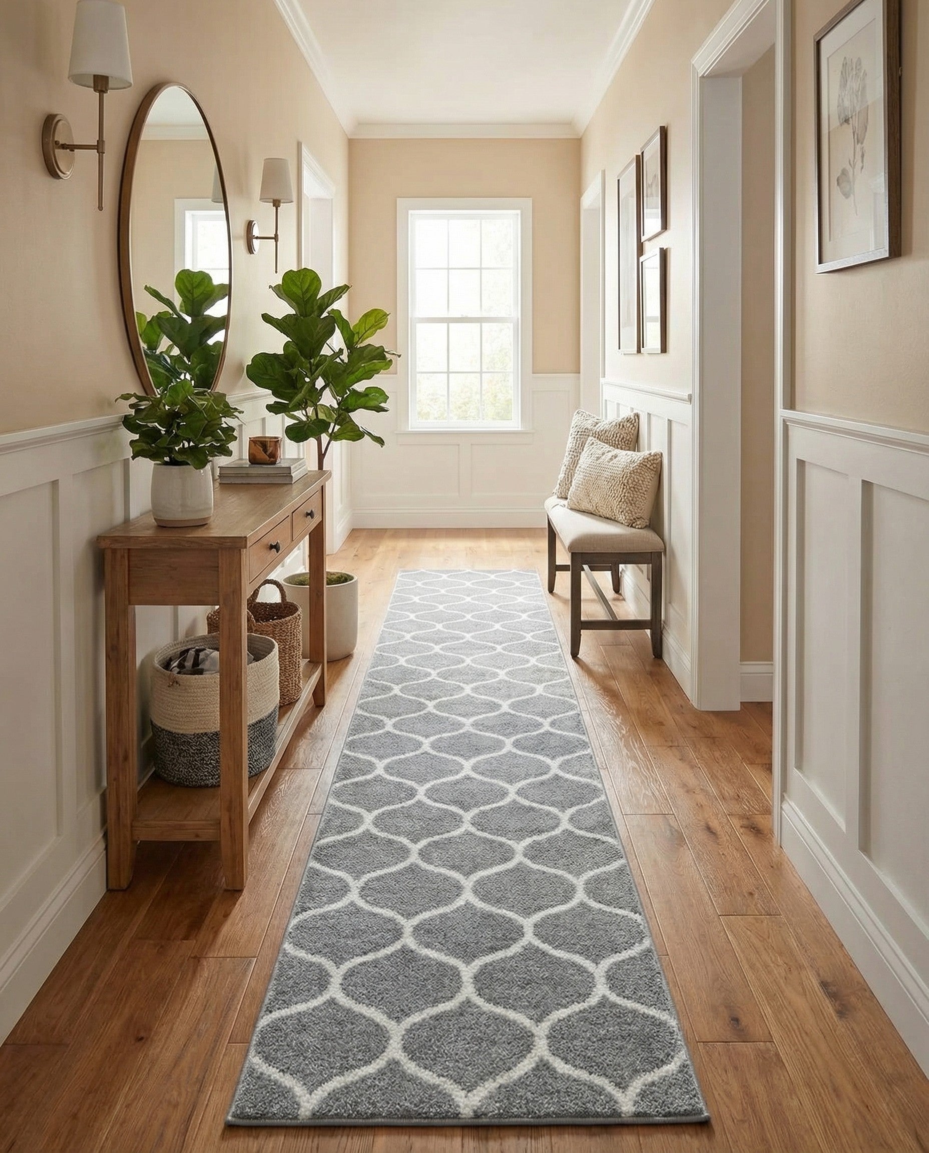 A long, gray 13 ft runner rug with a repeating white modern trellis pattern, ideal for a hallway.