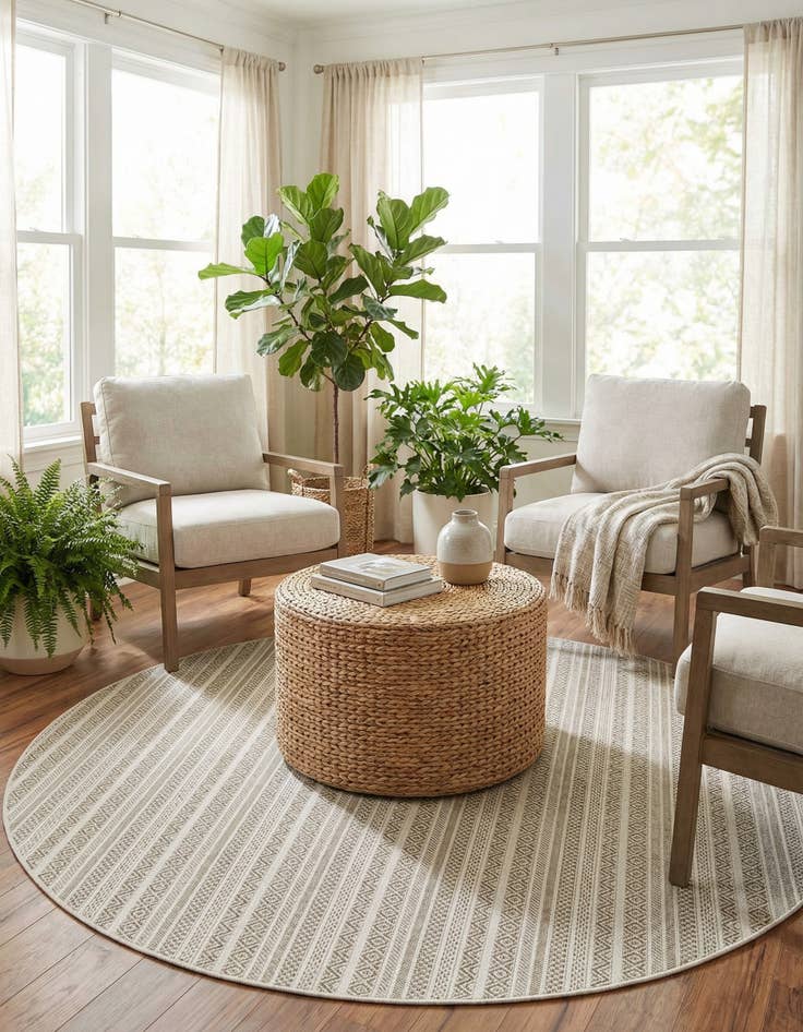 Detail image of 7' 10 x 7' 10  Washable Striped Indoor / Outdoor Round Rug