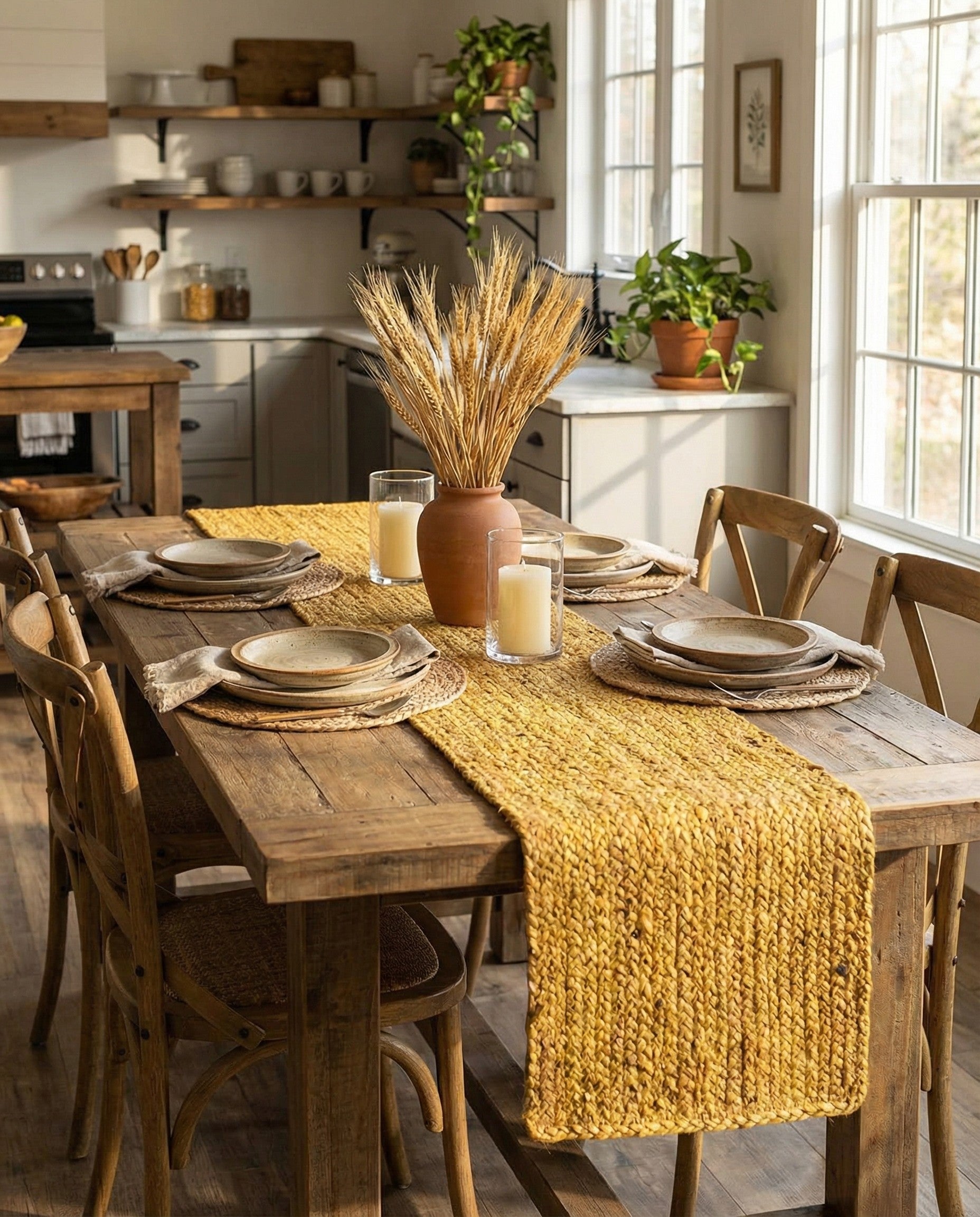 A long, rectangular 1' 2 x 6' 1 yellow jute table runner rug with a braided, textured flatweave pattern, ideal for a dining table or console.
