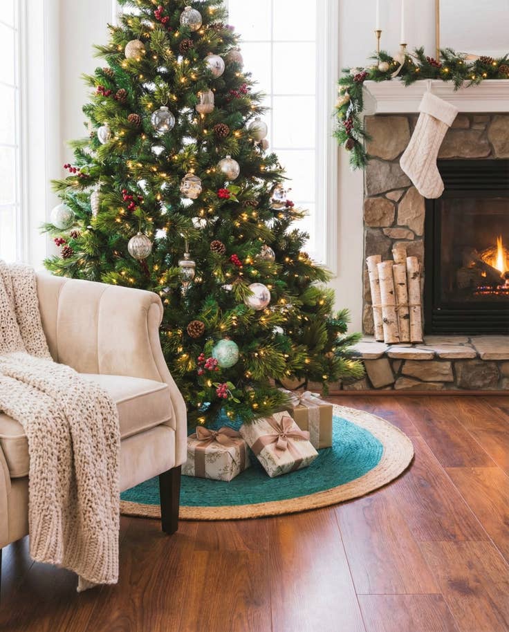 Detail image of 5' 1 x 5' 1 Hand Braided Christmas Tree Skirt