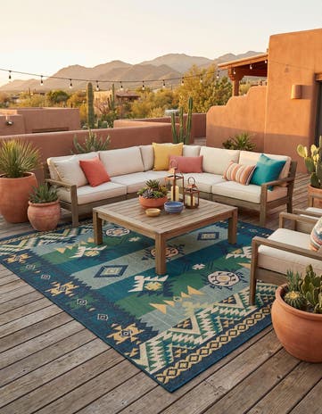 Blue and Green Easy-Clean Baja Indoor / Outdoor Square Rug
