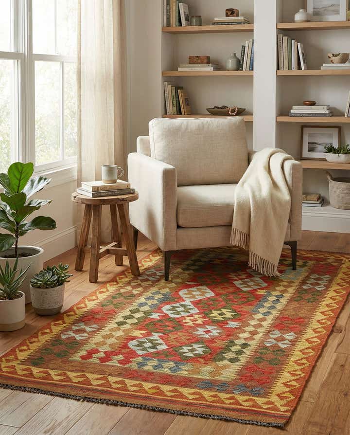 3' 4 x 6' 3 Hand Woven Kilim Maymana Wool Rug