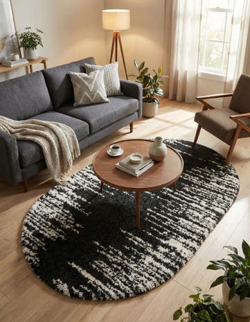 Black and White Serenity Shag Oval Rug