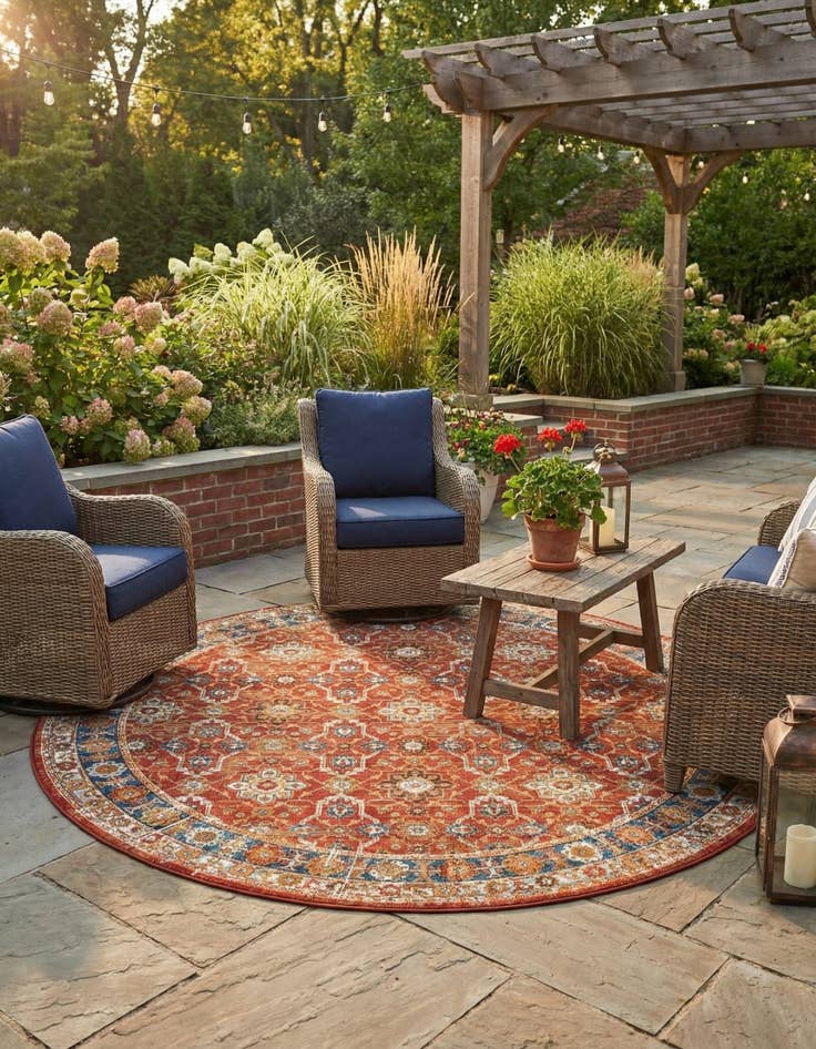 Detail image of 7' 10 x 7' 10 Easy-Clean Traditional Indoor / Outdoor Round Rug