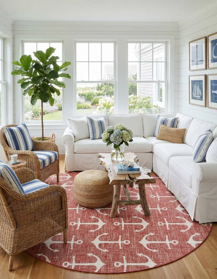 Detail image of 10' x 10'  Washable Coastal Indoor / Outdoor Round Rug