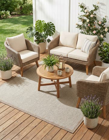 Beige Easy-Clean Border Indoor / Outdoor Square Rug