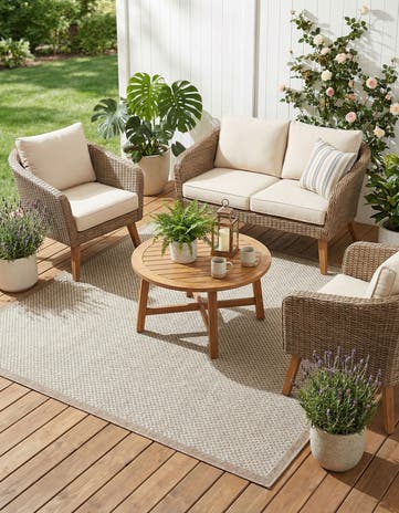 Beige Easy-Clean Border Indoor / Outdoor Square Rug