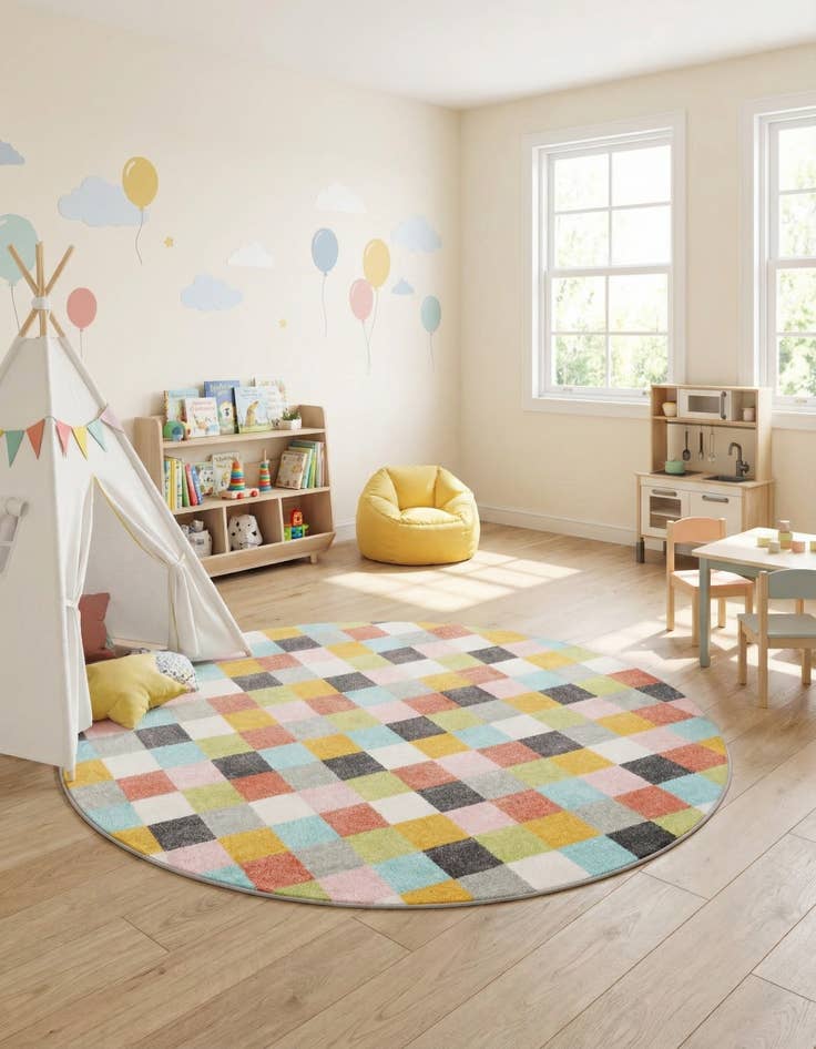 Detail image of 7' 10 x 7' 10 Checkered Whimsy Kids Round Rug
