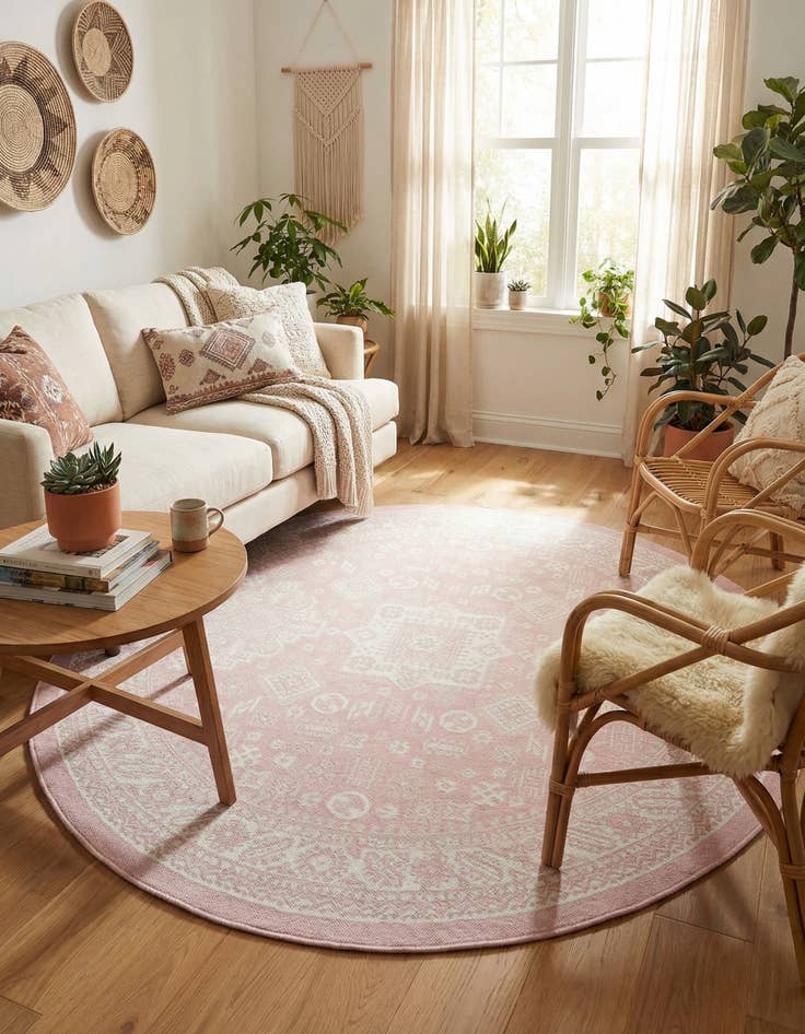 Detail image of 7' 10 x 7' 10  Washable Aztec Indoor / Outdoor Round Rug