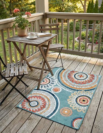 Light Blue Easy-Clean Botanical Indoor / Outdoor Rug