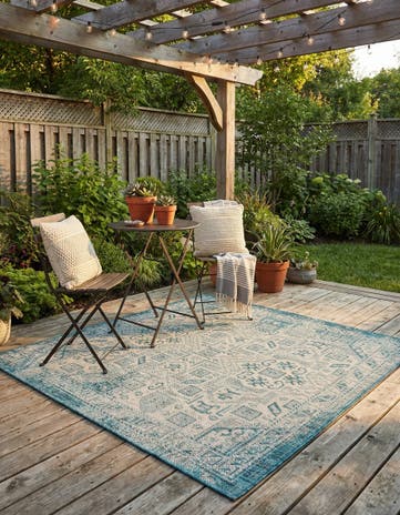 Teal Easy-Clean Aztec Indoor / Outdoor Square Rug