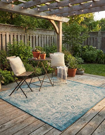 Teal Easy-Clean Aztec Indoor / Outdoor Square Rug
