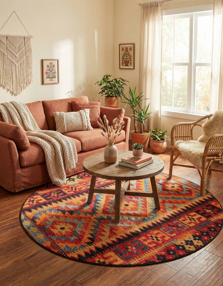 Detail image of 5' x 5' Easy-Clean Tribal Indoor / Outdoor Round Rug