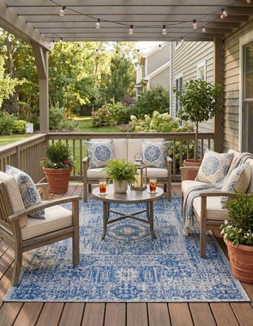 Blue Easy-Clean Traditional Indoor / Outdoor Rug