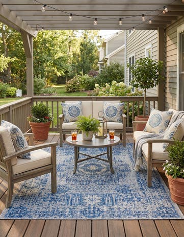 Blue Easy-Clean Traditional Indoor / Outdoor Rug