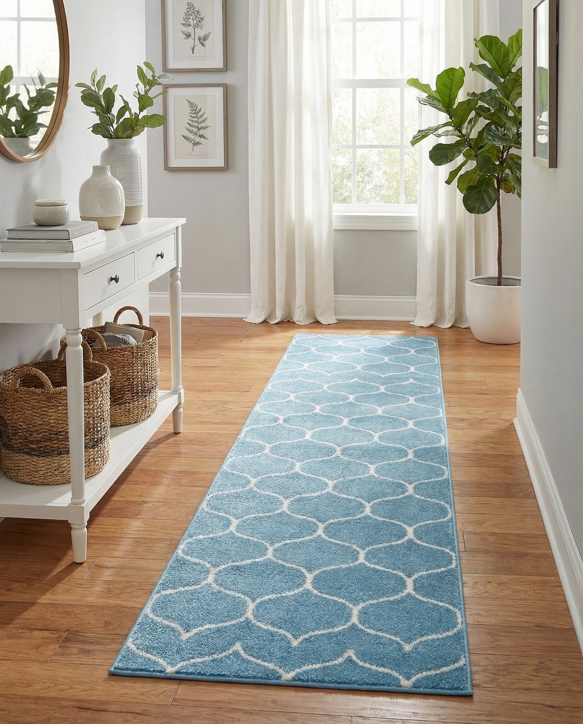 A 13 ft runner rug in light blue with a white modern trellis pattern, perfect for a hallway.