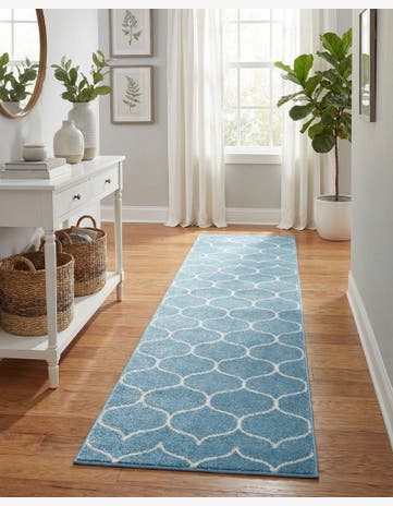 Light Blue Lattice Frieze Runner Rug