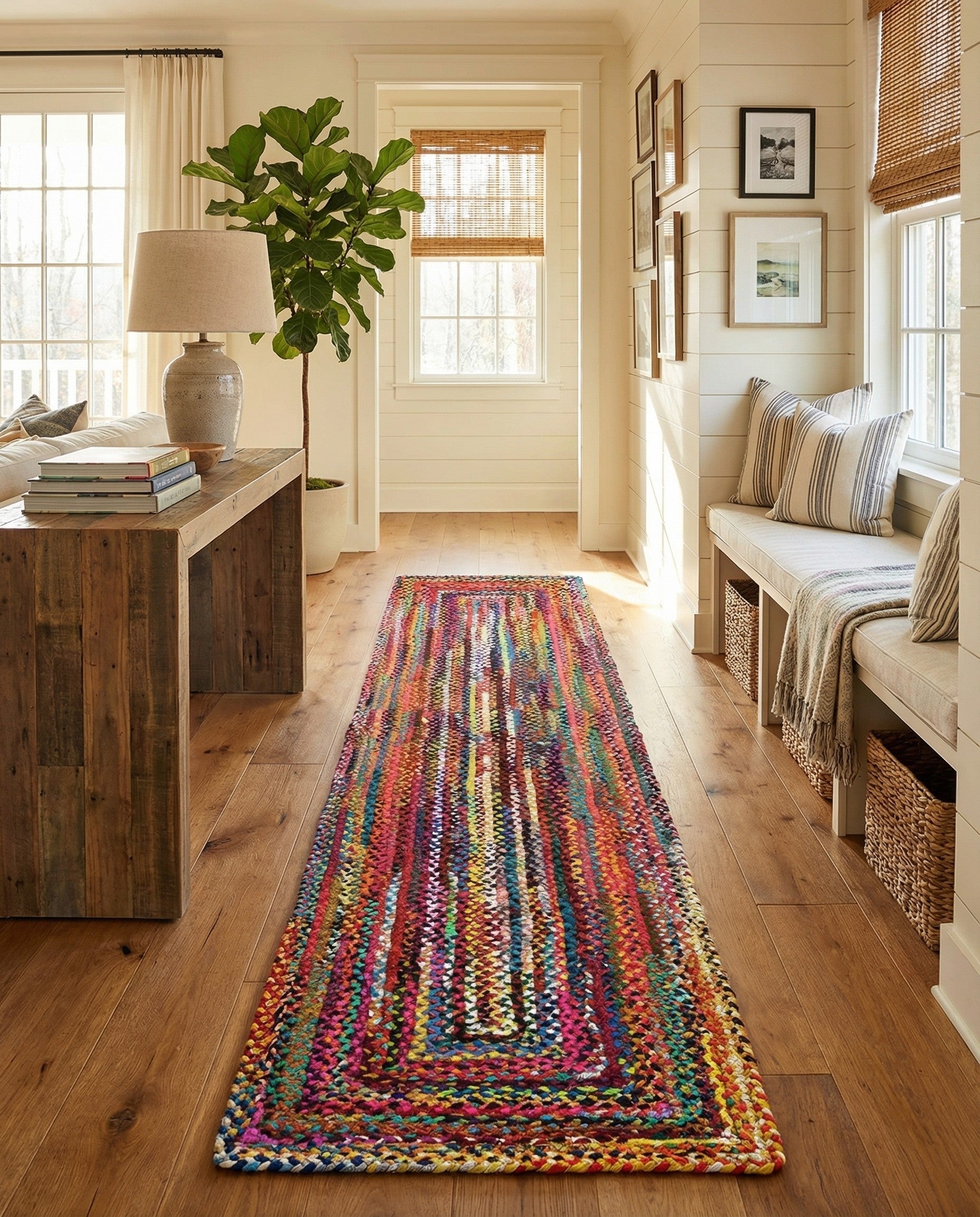 A vibrant, multi-colored braided cotton runner rug, 16 ft long, featuring a textured, transitional design perfect for hallways.