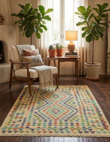3' 4 x 4' 8 Hand Woven Kilim Maymana Wool Rug