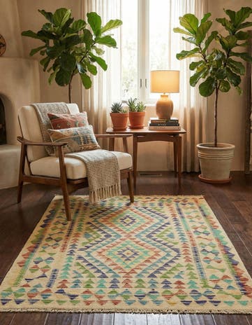 3' 4 x 4' 8 Hand Woven Kilim Maymana Wool Rug