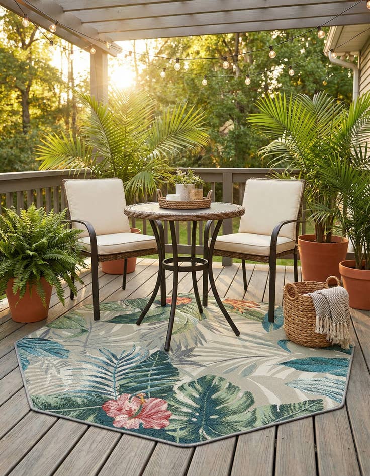 Detail image of  4' x 4'  Washable Botanical Indoor / Outdoor Octagon Rug