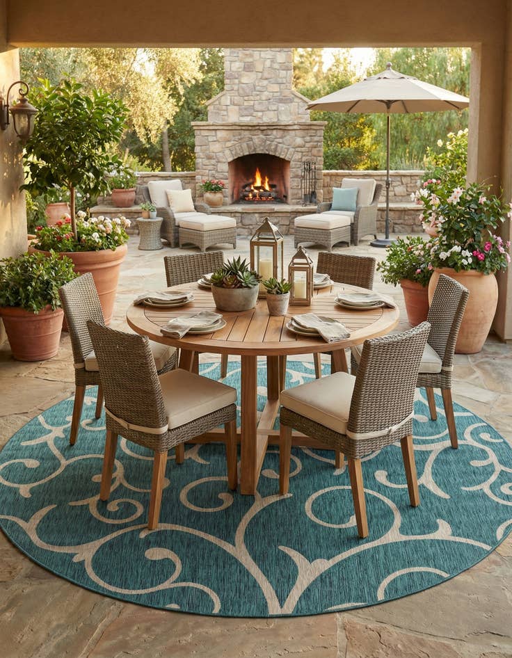 Detail image of 13' x 13' Easy-Clean Botanical Indoor / Outdoor Round Rug