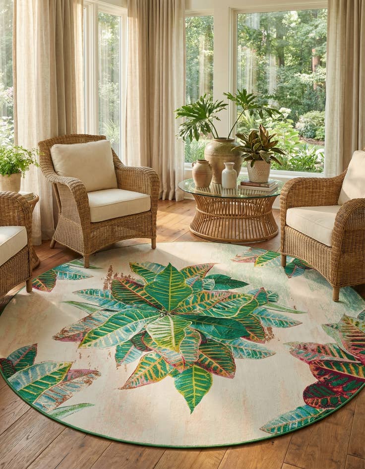Detail image of 12' x 12' Easy-Clean Botanical Indoor / Outdoor Round Rug