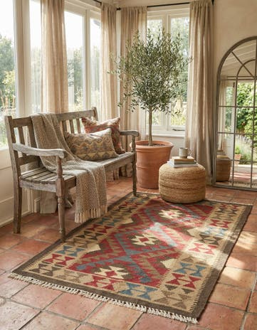 3' 4 x 4' 10 Hand Woven Kilim Maymana Wool Rug