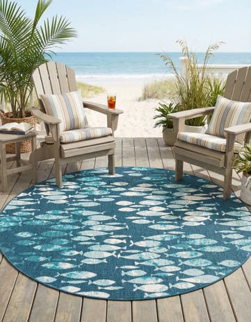 Blue Easy-Clean Coastal Indoor / Outdoor Round Rug