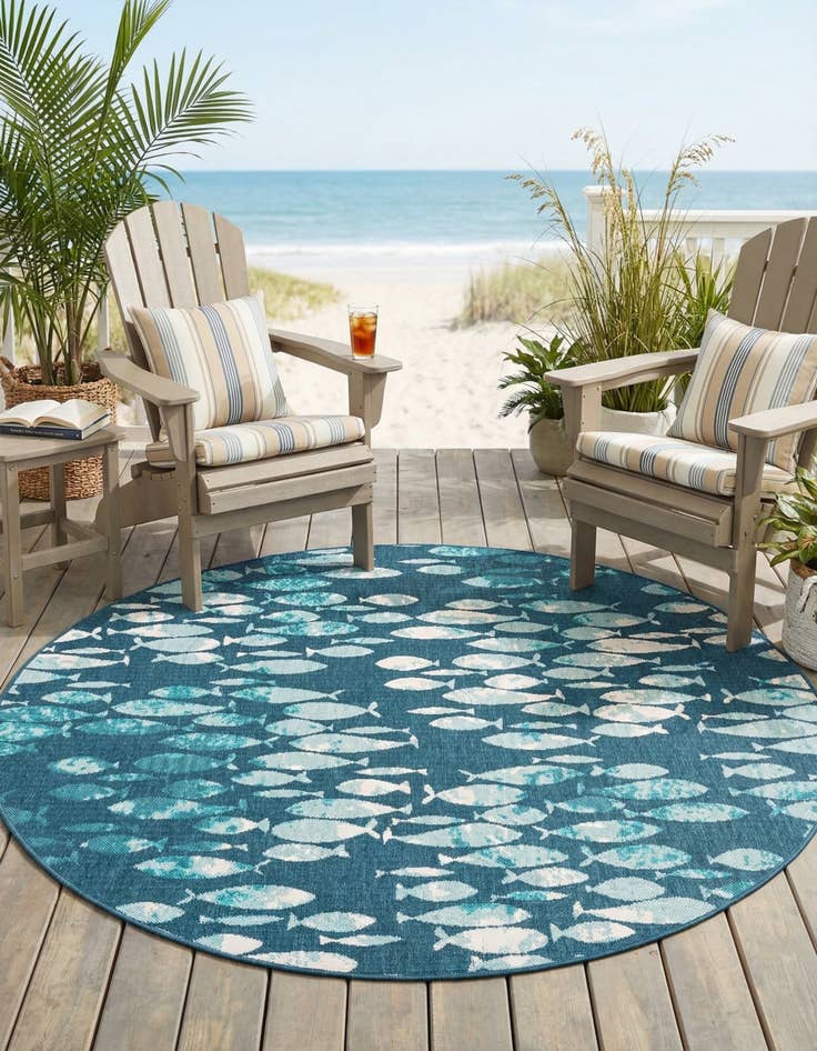 Detail image of  7' x 7'  Washable Coastal Indoor / Outdoor Round Rug