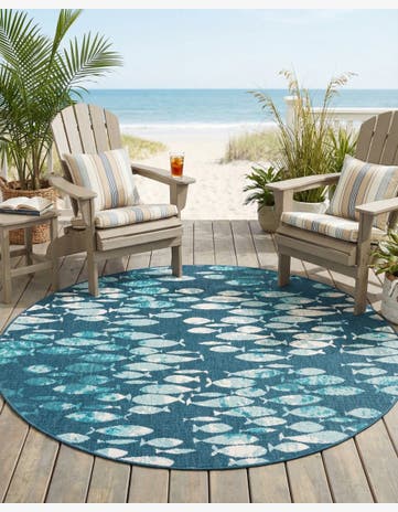Blue Easy-Clean Coastal Indoor / Outdoor Round Rug