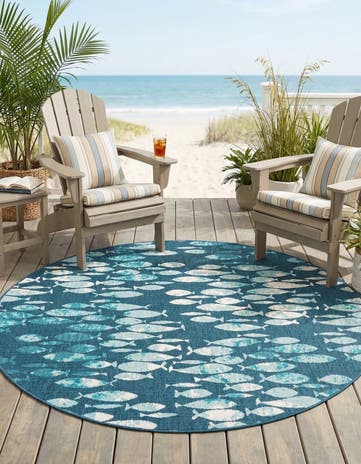 Blue Easy-Clean Coastal Indoor / Outdoor Round Rug