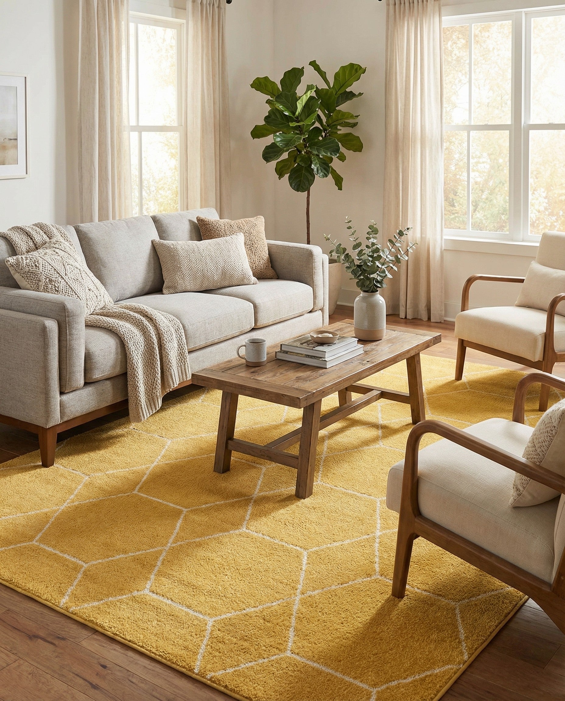 A 7x10 rectangular yellow area rug with a modern white trellis pattern, suitable for a living room.