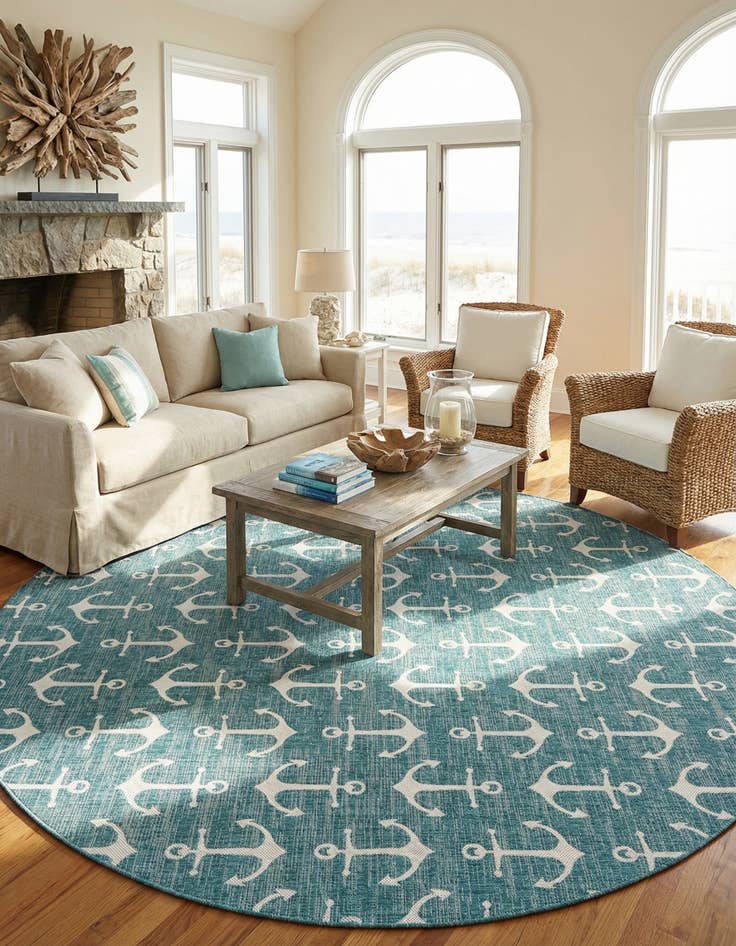 Detail image of 13' x 13'  Washable Coastal Indoor / Outdoor Round Rug