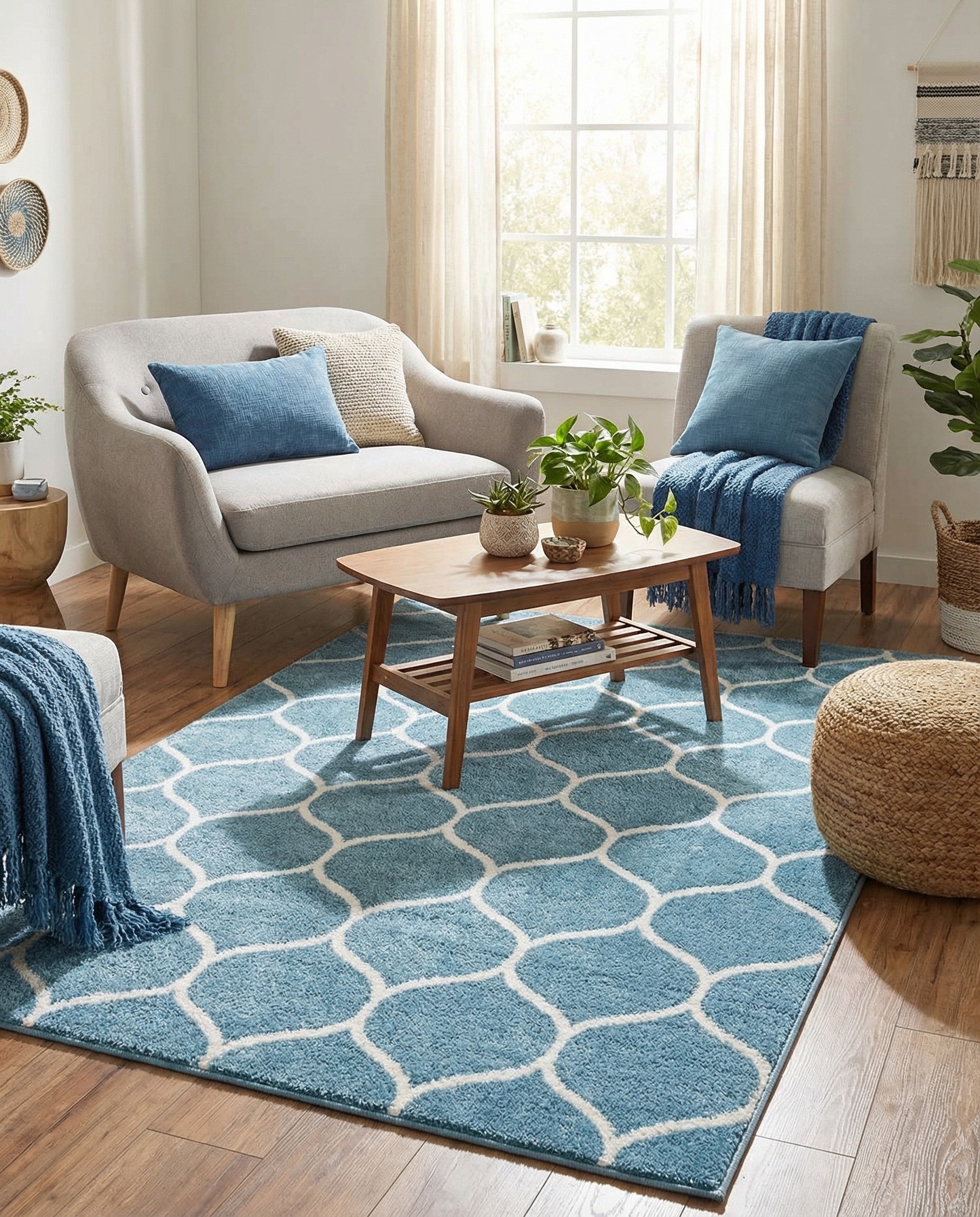 A 4x6 rectangular light blue rug with a repeating white modern trellis pattern, suitable for a living room.