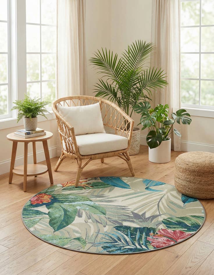 Detail image of 3' x 3'  Washable Botanical Indoor / Outdoor Round Rug