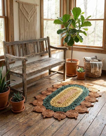 Orange Green Yellow Handmade Braided Jute Oval Rug