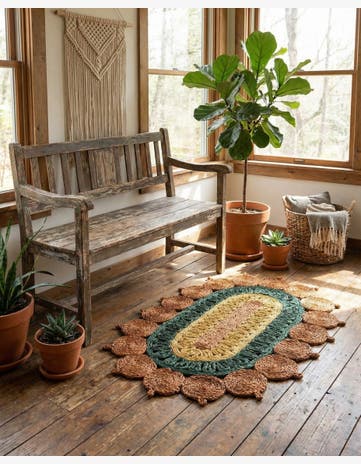 Orange Green Yellow Handmade Braided Jute Oval Rug