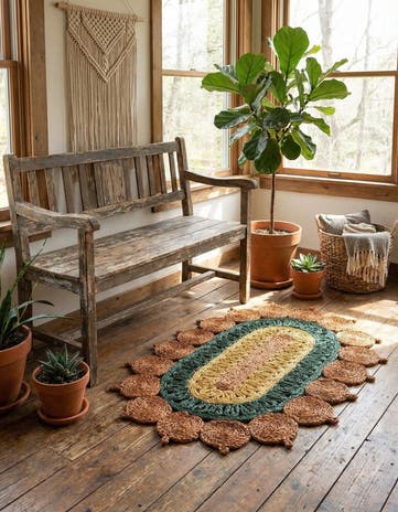 Orange Green Yellow Handmade Braided Jute Oval Rug