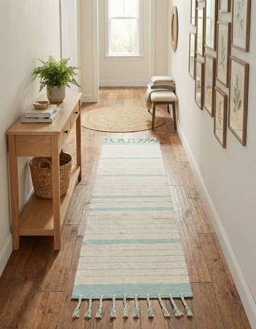 White and Aqua Hand Woven Chindi Cotton Runner Rug
