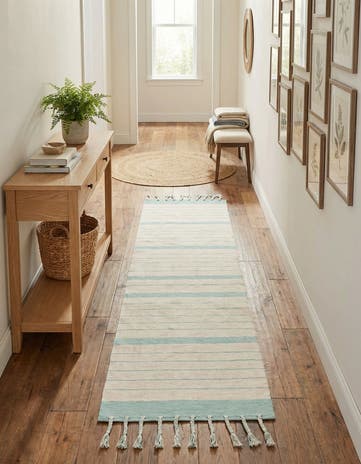 White and Aqua Hand Woven Chindi Cotton Runner Rug