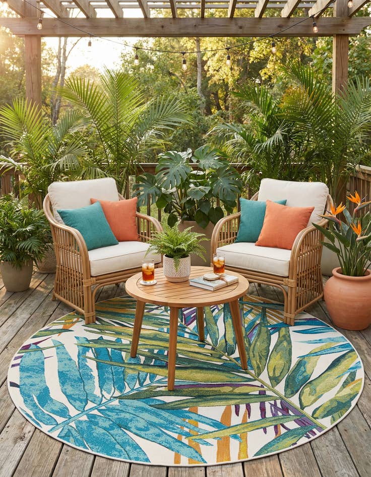 Detail image of 7' 10 x 7' 10  Washable Botanical Indoor / Outdoor Round Rug