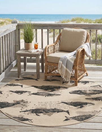 Beige Easy-Clean Coastal Indoor / Outdoor Round Rug