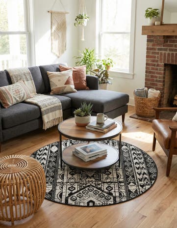 Black and White Oregon Round Rug