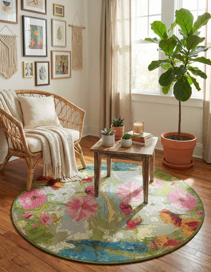 Detail image of  3' x 3'  Washable Botanical Indoor / Outdoor Round Rug